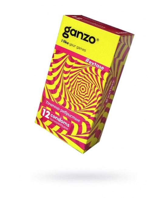 ПРЕЗЕРВАТИВЫ GANZO EXTASE, С ТОЧЕЧНО-РЕБРИСТОЙ ПОВЕРХНОСТЬЮ, АНАТОМИЧЕСКОЙ ФОРМЫ, ЛАТЕКС, 18 СМ, 12 ШТ, арт.141
