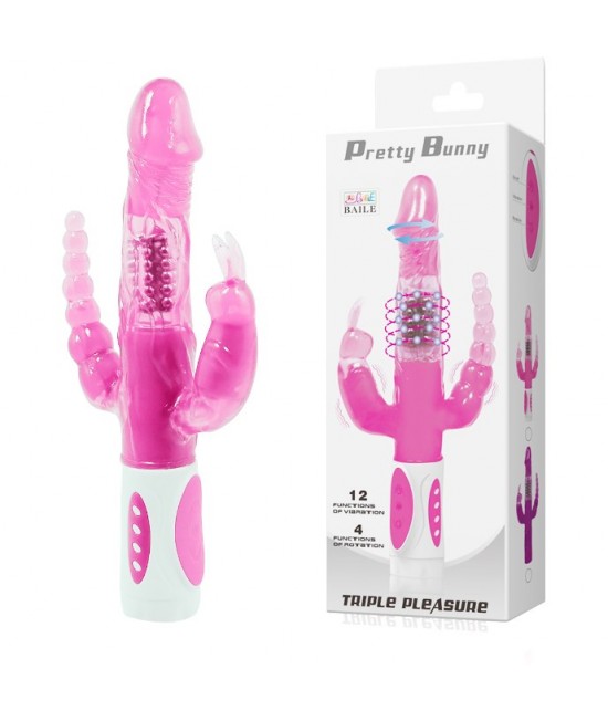 Тройной женский вибромассажер-ротатор с анальным и клиторальным стимулятором «Pretty Bunny», цвет розовый Baile BW-065005
