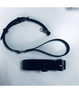 БДСМ ошейник с поводком, натуральная кожа, цвет черный, арт 3535-90