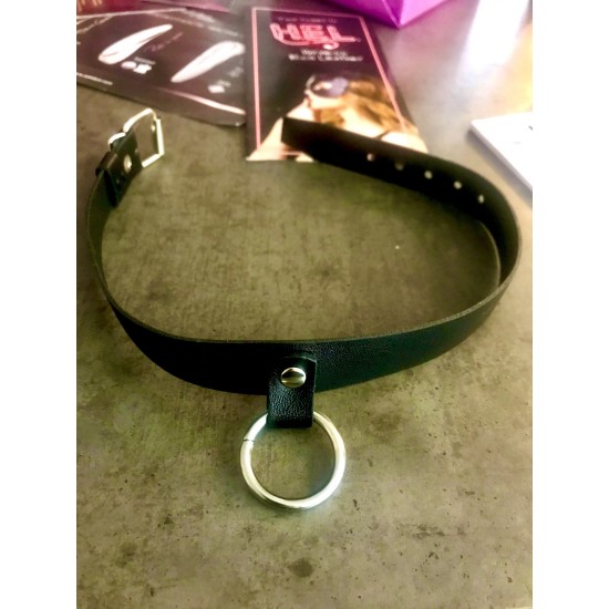 Чокер черный натуральная кожа с кольцом, арт. 3090-111