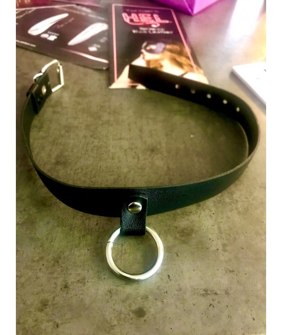 Чокер черный натуральная кожа с кольцом, арт. 3090-111