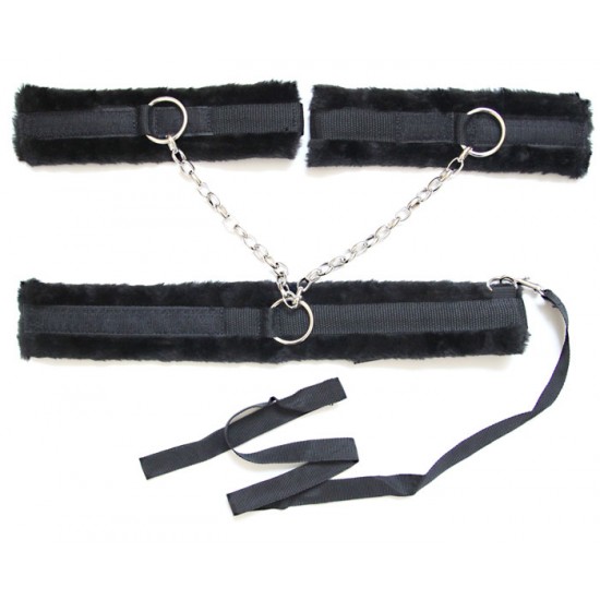 ФИКСАТОР С ПОВОДКОМ ошейник + наручники соединённые между собой, цвет чёрный (текстиль)арт.NTB-80072