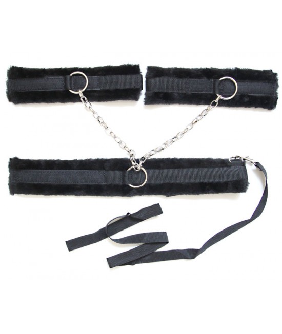 ФИКСАТОР С ПОВОДКОМ ошейник + наручники соединённые между собой, цвет чёрный (текстиль)арт.NTB-80072