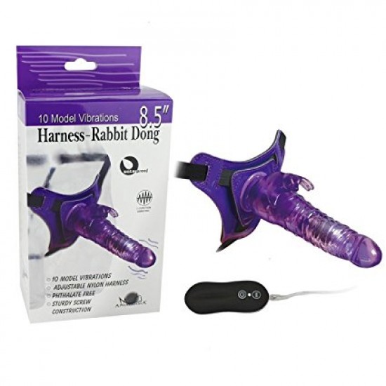 Страпон с вибрацией и клиторальным стимулятором Harness-Rabbit Dong