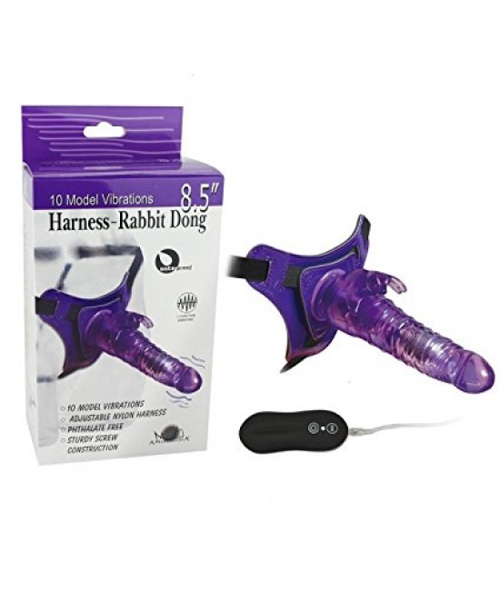 Страпон с вибрацией и клиторальным стимулятором Harness-Rabbit Dong