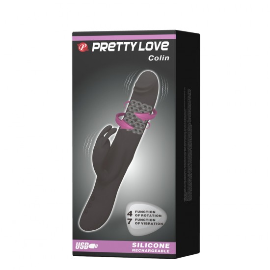 Вибратор Pretty Love Colin с зайчиком, черный, силикон,, L 16 см, D 3.5 см, арт. BI-014443